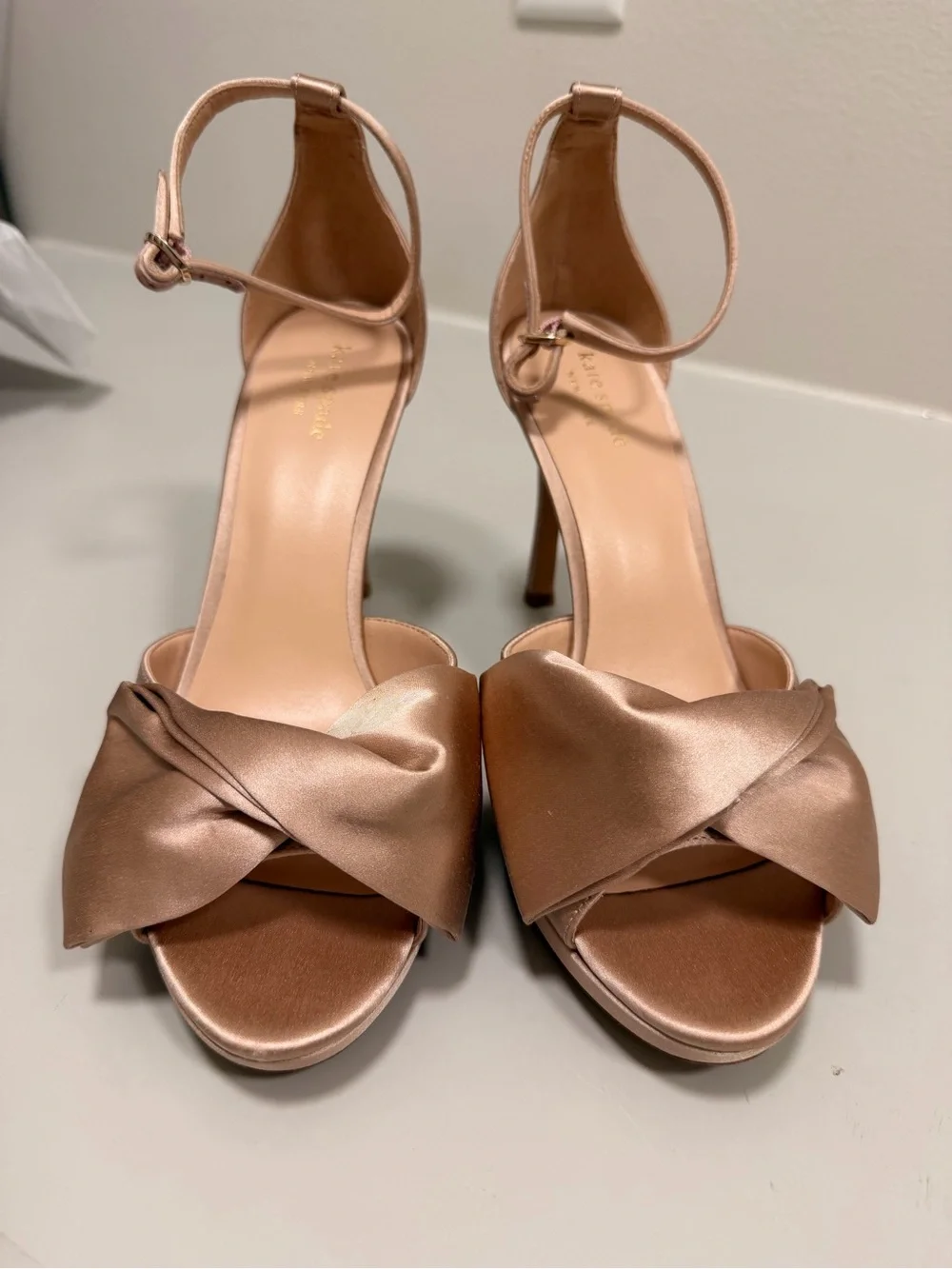 kate spade Satin Twist Front Ankle-Strap Heels in Rose Bridal Bow - Brand new!